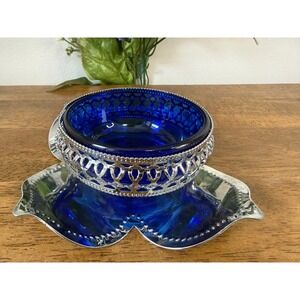 Vintage Cobalt Blue Glass Bowl Silver Overlay Stand Bon Bon Dish Centrepiece